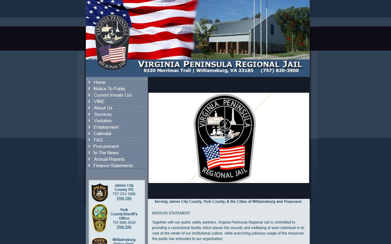 Virginia Peninsula Regional Jail inmate lookup homepage for York County custody