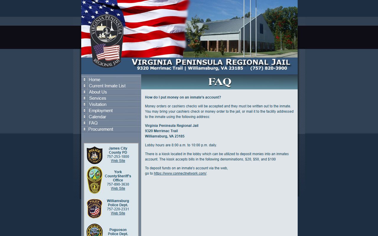 Virginia Peninsula Regional Jail inmate money deposit options for York County custody