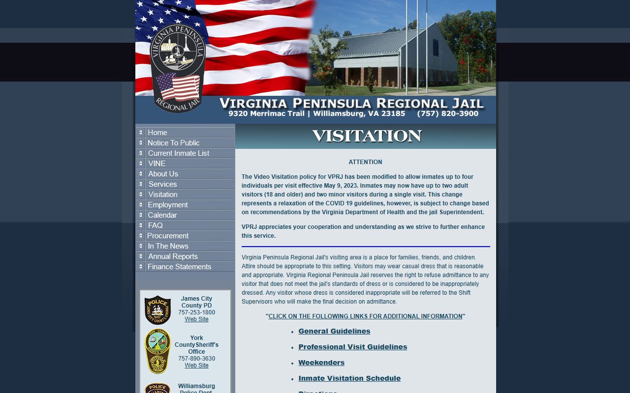 Virginia Peninsula Regional Jail visitation page for York County inmates